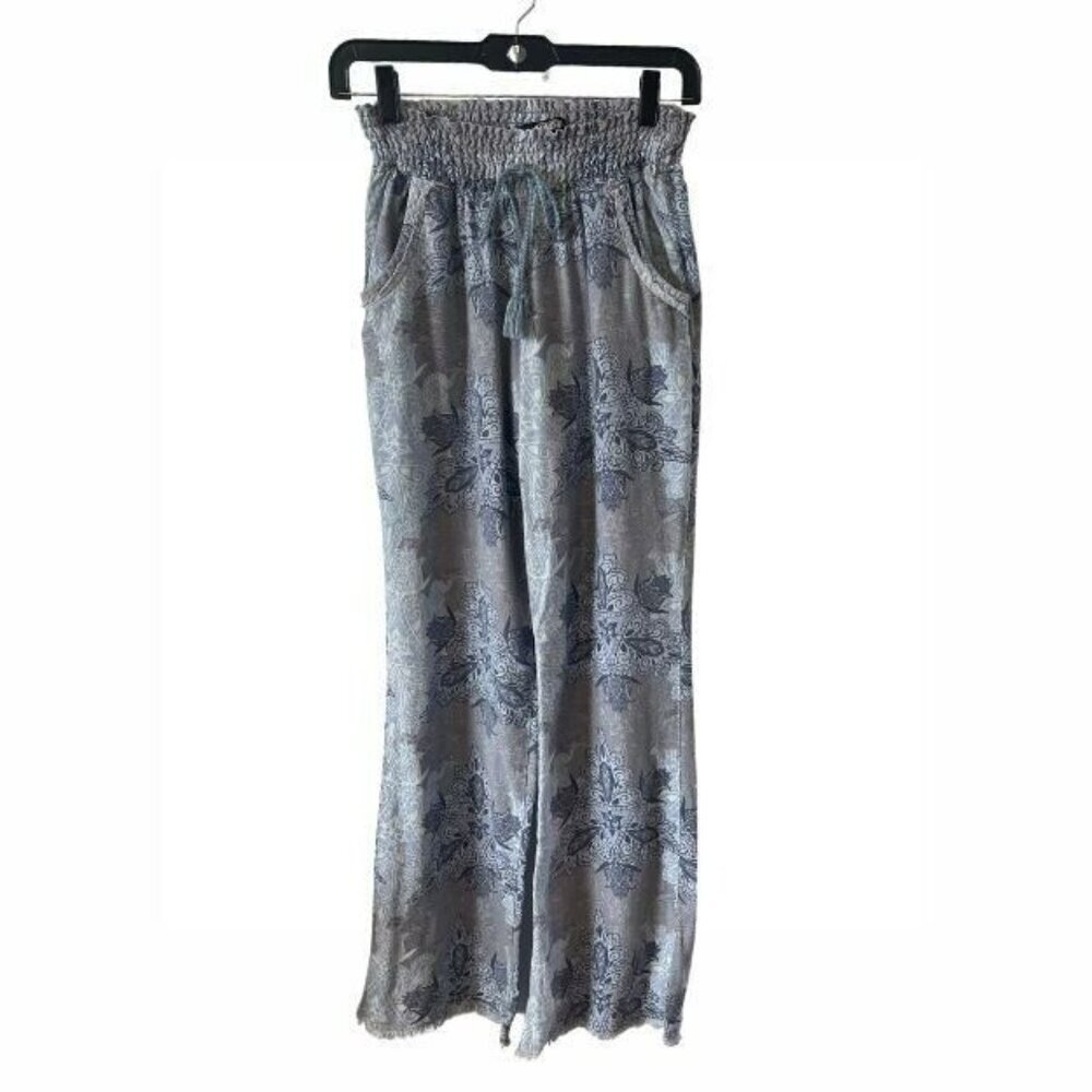 Rewash Wide Leg Smocked Waist Pants S Linen Blend Blues Boho Raw hem pockets